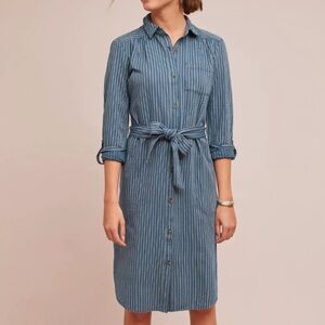 Anthropologie Linen Blend Bellamy Denim Chambray Blue Striped Shirt Dress 6